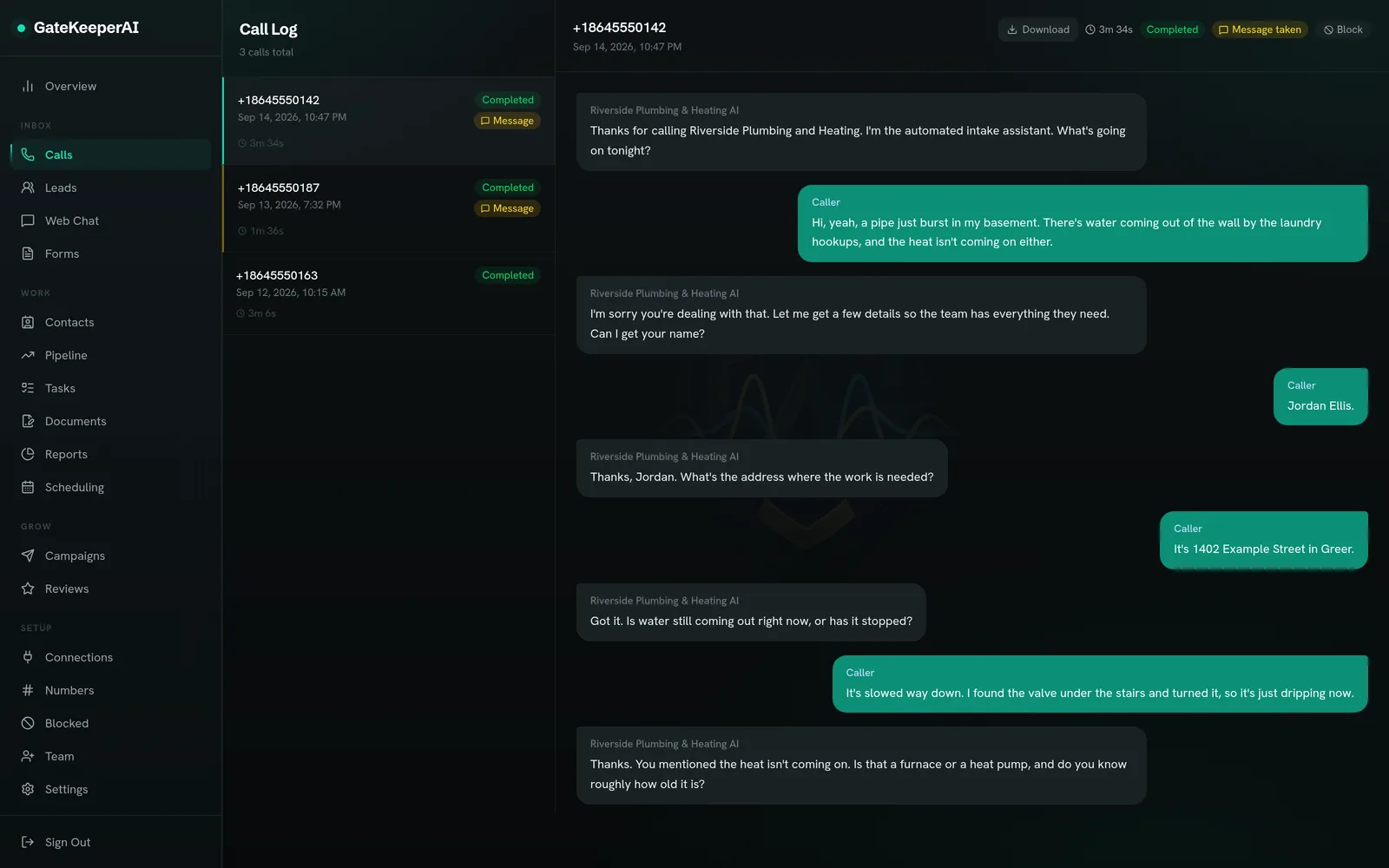 Transcript of an after hours call answered by the GateKeeperAI receptionist: a caller reports a burst basement pipe and no heat, and the AI asks for the address