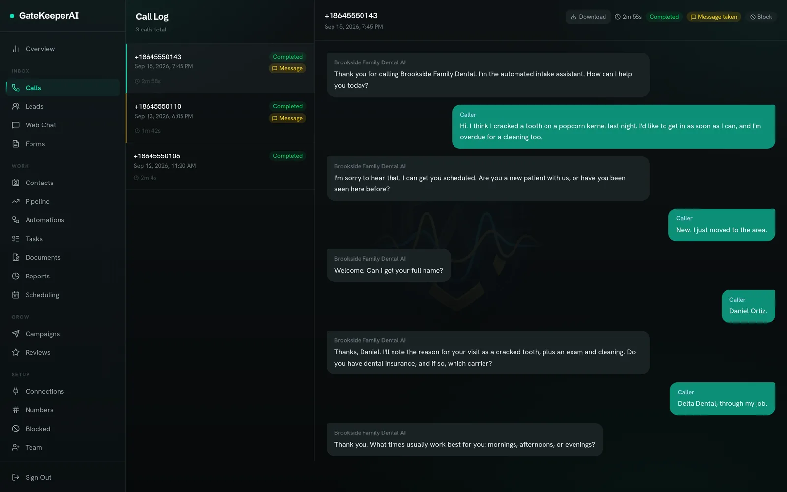 Transcript of a call the GateKeeperAI receptionist answered for a dental practice: a new patient who cracked a tooth on a popcorn kernel asks to be seen as soon as possible, and the AI asks whether he is a new or existing patient, his name and his dental insurance carrier