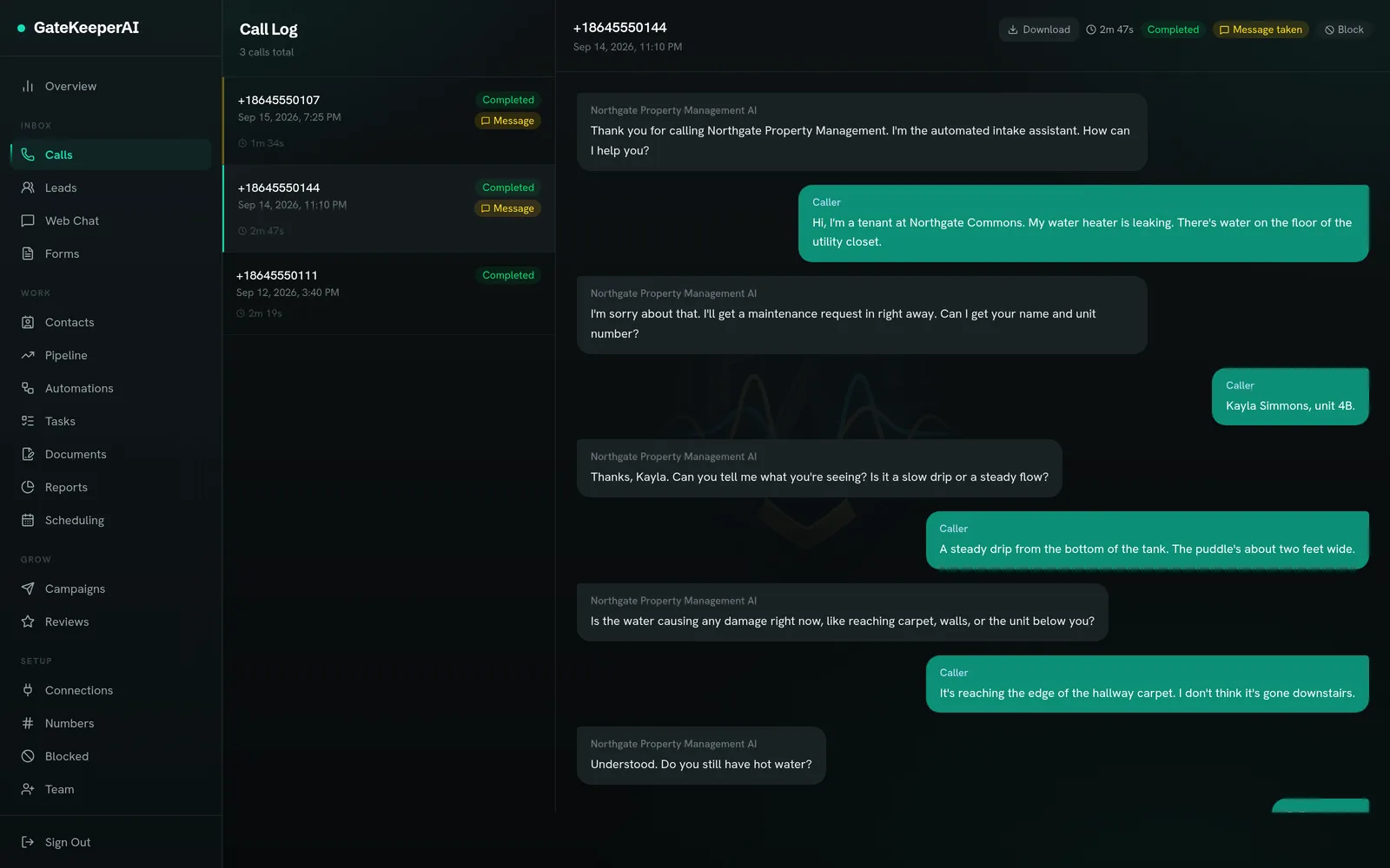 Transcript of a call the GateKeeperAI receptionist answered for a property management company: a tenant reports a water heater leaking from the bottom of the tank, and the AI asks for her name and unit number and whether the water is reaching the carpet