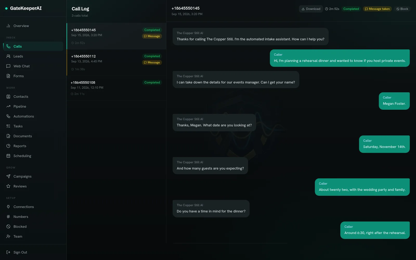 Transcript of a call the GateKeeperAI receptionist answered for a restaurant: a caller planning a rehearsal dinner for about twenty two guests gives the date, headcount and start time, and the AI is taking the details for the events manager to call back