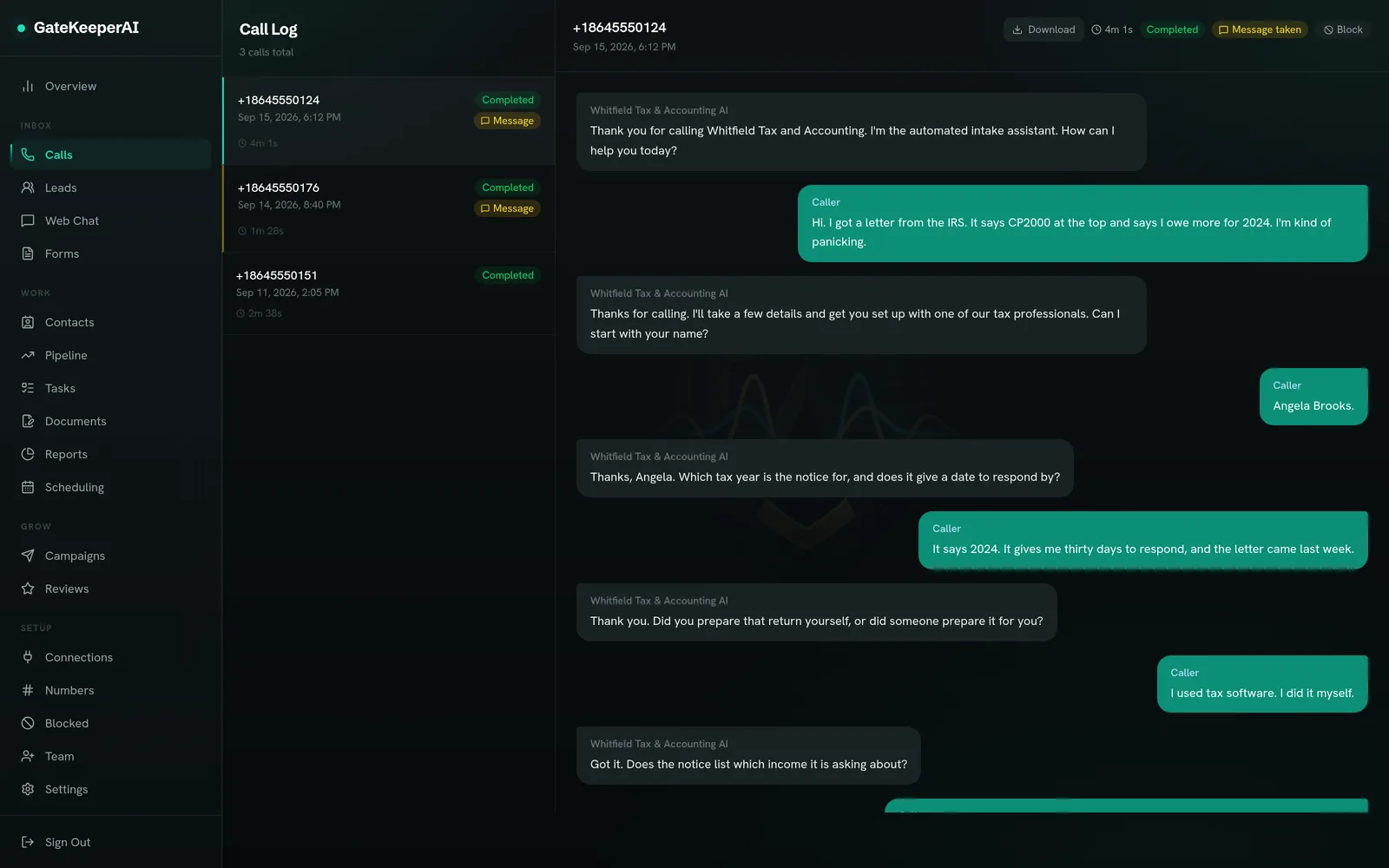 Transcript of a call the GateKeeperAI receptionist answered for an accounting firm: the caller has an IRS CP2000 notice for 2024, and the AI asks for the response date and who prepared the return